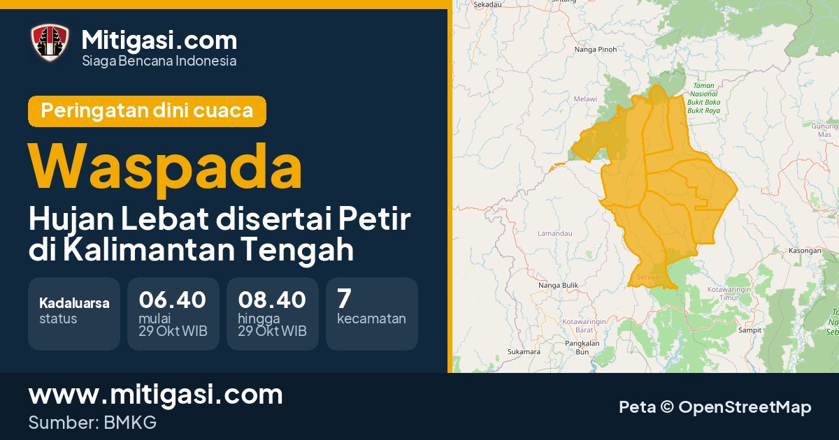 Peringatan dini cuaca BMKG tingkat Waspada di Kalimantan Tengah. (Mitigasi.com/data BMKG)