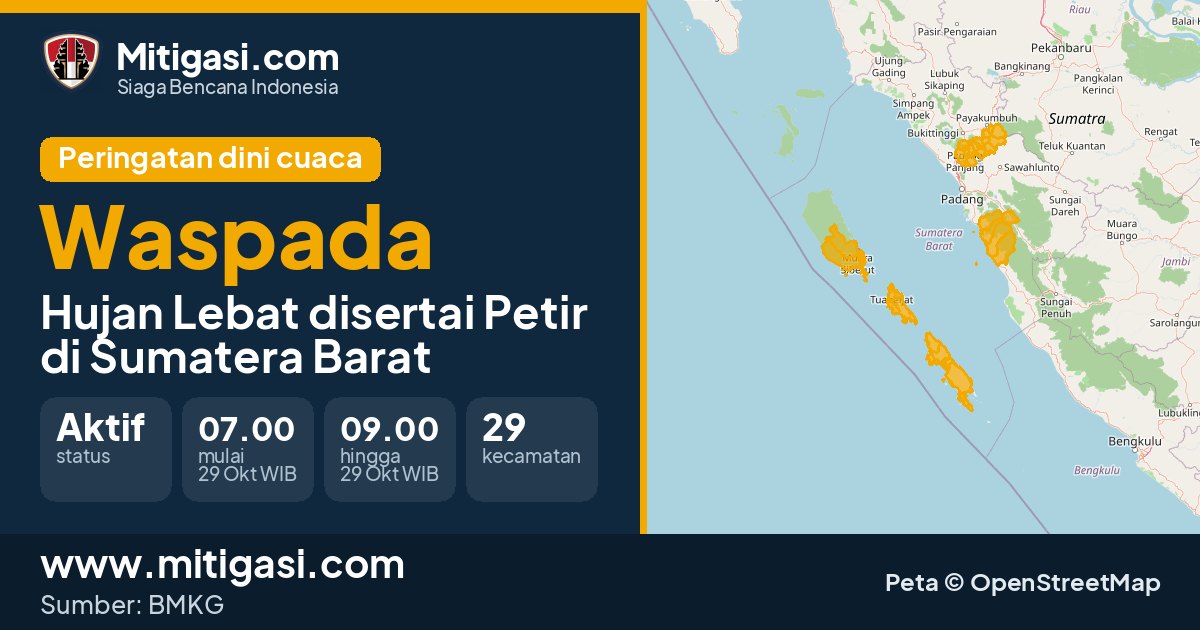 Peringatan dini cuaca BMKG tingkat Waspada di Sumatera Barat. (Mitigasi.com/data BMKG)