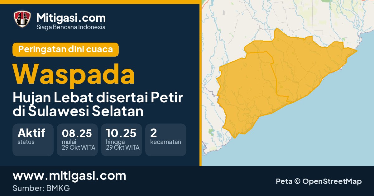 Peringatan dini cuaca BMKG tingkat Waspada di Sulawesi Selatan. (Mitigasi.com/data BMKG)