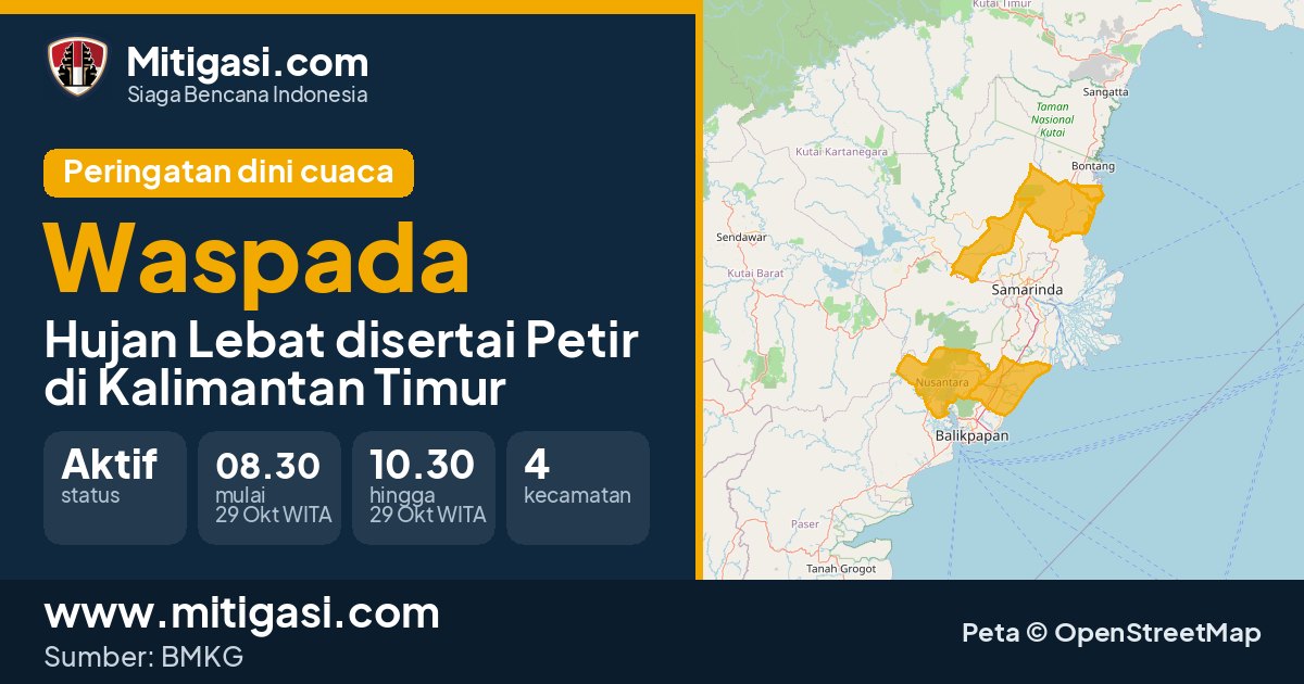 Peringatan dini cuaca BMKG tingkat Waspada di Kalimantan Timur. (Mitigasi.com/data BMKG)