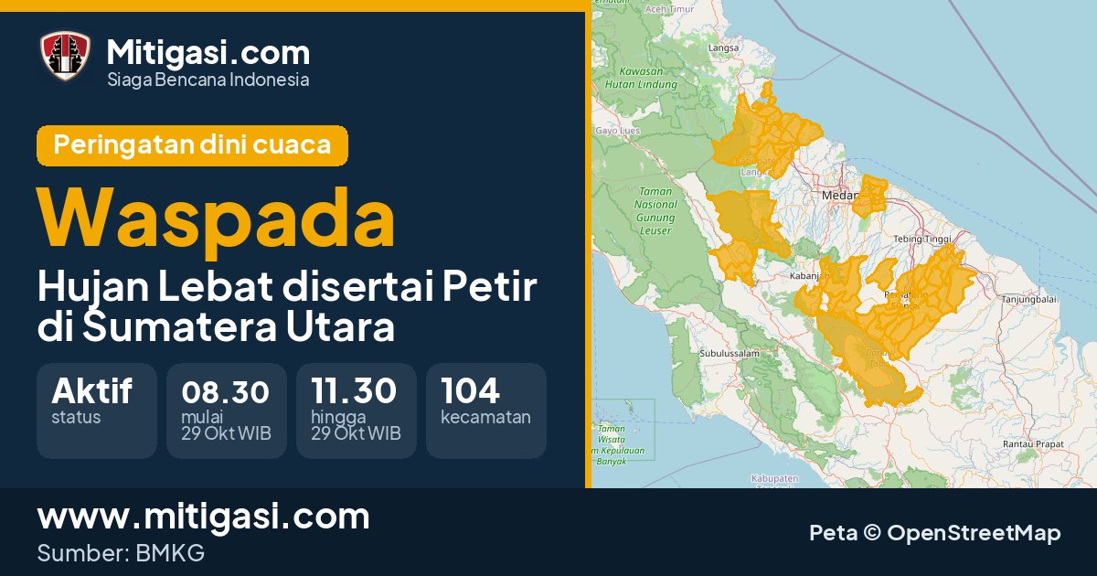 Peringatan dini cuaca BMKG tingkat Waspada di Sumatera Utara. (Mitigasi.com/data BMKG)
