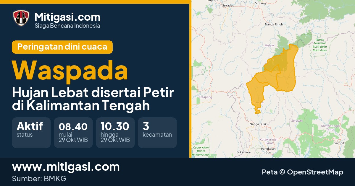 Peringatan dini cuaca BMKG tingkat Waspada di Kalimantan Tengah. (Mitigasi.com/data BMKG)