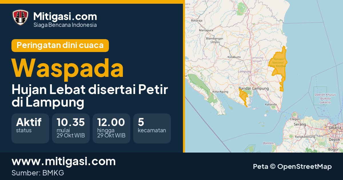 Peringatan dini cuaca BMKG tingkat Waspada di Lampung. (Mitigasi.com/data BMKG)
