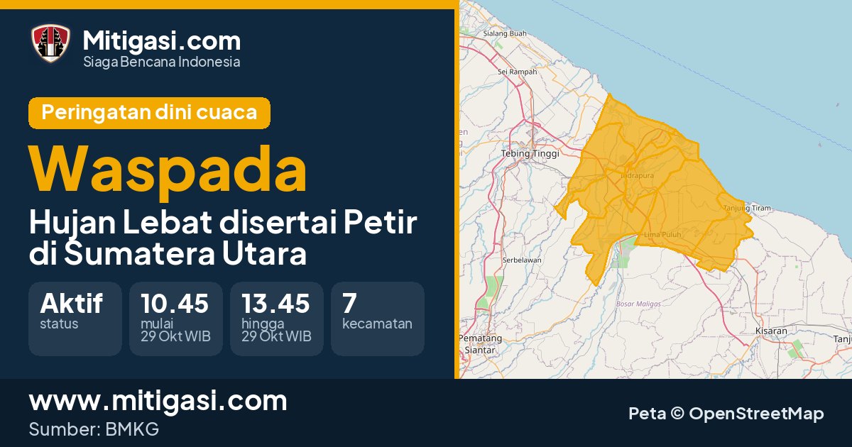 Peringatan dini cuaca BMKG tingkat Waspada di Sumatera Utara. (Mitigasi.com/data BMKG)
