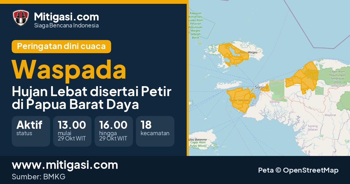 Peringatan dini cuaca BMKG tingkat Waspada di Papua Barat Daya. (Mitigasi.com/data BMKG)