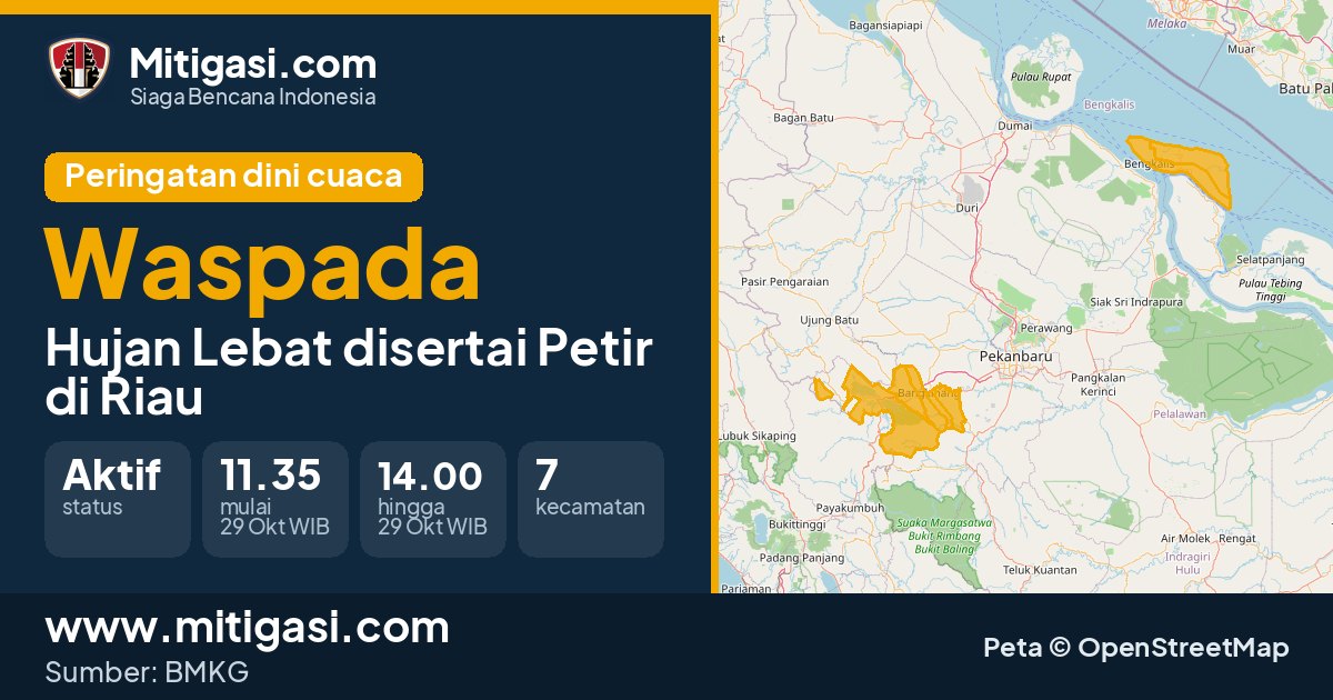 Peringatan dini cuaca BMKG tingkat Waspada di Riau. (Mitigasi.com/data BMKG)