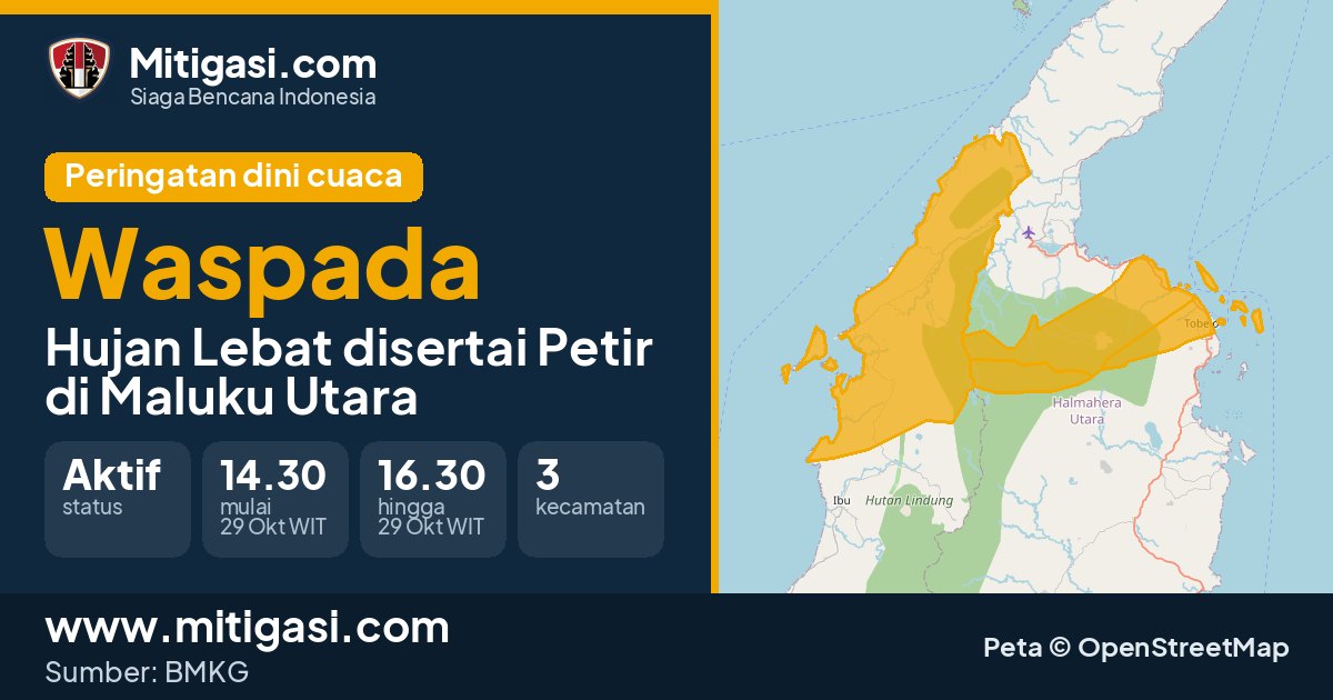 Peringatan dini cuaca BMKG tingkat Waspada di Maluku Utara. (Mitigasi.com/data BMKG)