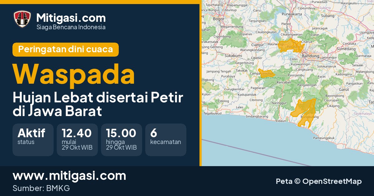 Peringatan dini cuaca BMKG tingkat Waspada di Jawa Barat. (Mitigasi.com/data BMKG)