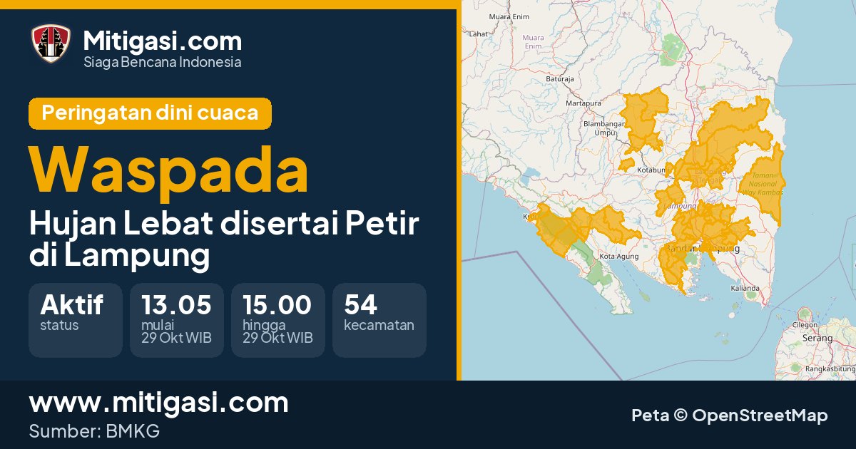 Peringatan dini cuaca BMKG tingkat Waspada di Lampung. (Mitigasi.com/data BMKG)