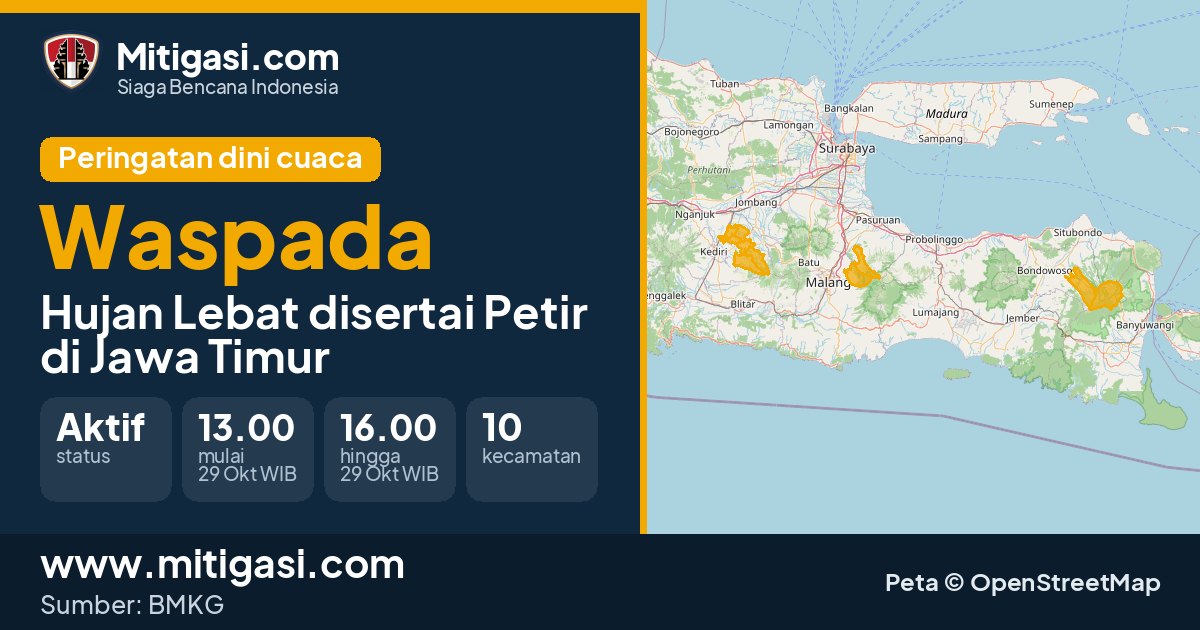 Peringatan dini cuaca BMKG tingkat Waspada di Jawa Timur. (Mitigasi.com/data BMKG)