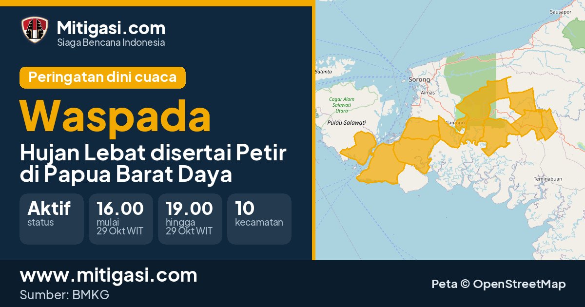 Peringatan dini cuaca BMKG tingkat Waspada di Papua Barat Daya. (Mitigasi.com/data BMKG)