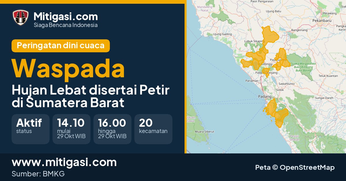 Peringatan dini cuaca BMKG tingkat Waspada di Sumatera Barat. (Mitigasi.com/data BMKG)
