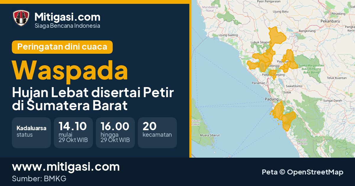 Peringatan dini cuaca BMKG tingkat Waspada di Sumatera Barat. (Mitigasi.com/data BMKG)