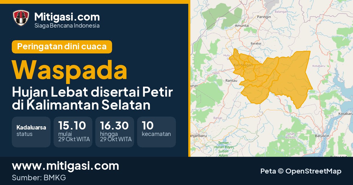 Peringatan dini cuaca BMKG tingkat Waspada di Kalimantan Selatan. (Mitigasi.com/data BMKG)