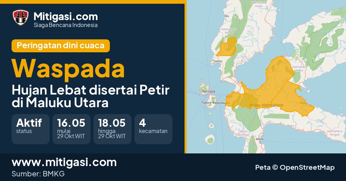 Peringatan dini cuaca BMKG tingkat Waspada di Maluku Utara. (Mitigasi.com/data BMKG)