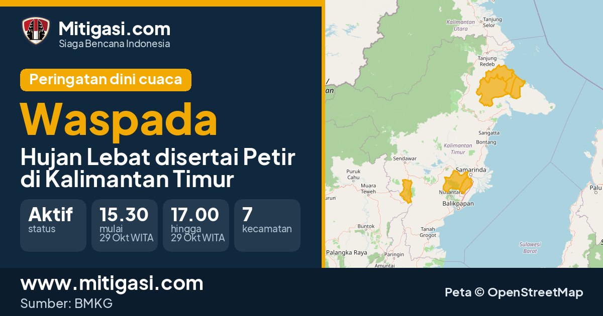Peringatan dini cuaca BMKG tingkat Waspada di Kalimantan Timur. (Mitigasi.com/data BMKG)
