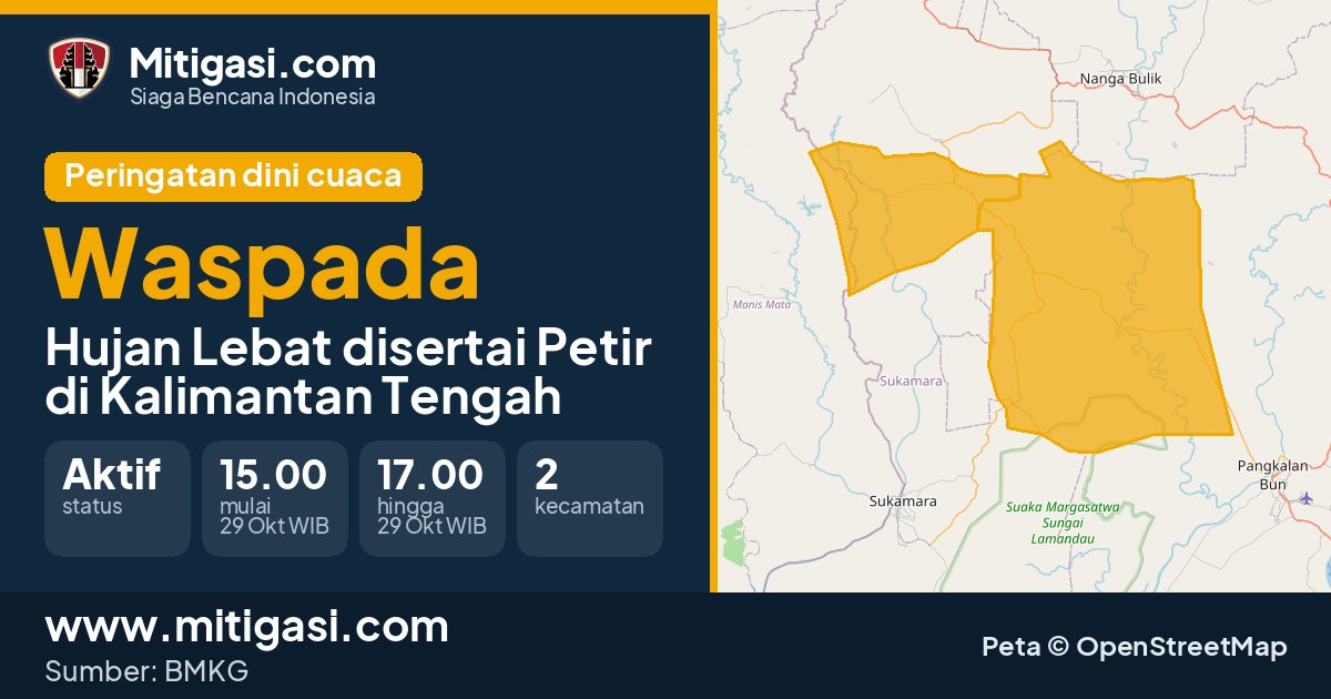 Peringatan dini cuaca BMKG tingkat Waspada di Kalimantan Tengah. (Mitigasi.com/data BMKG)