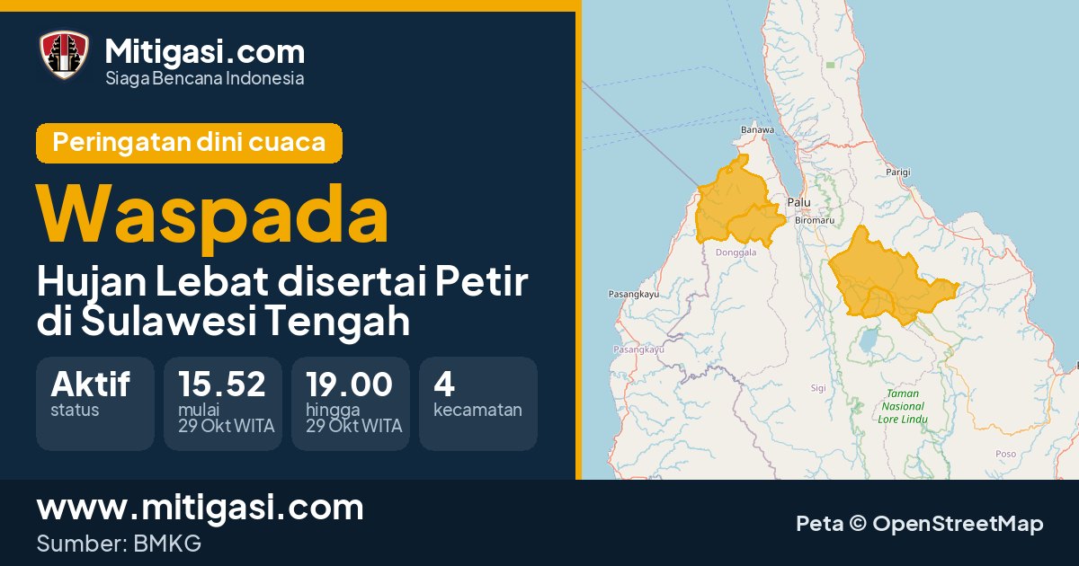 Peringatan dini cuaca BMKG tingkat Waspada di Sulawesi Tengah. (Mitigasi.com/data BMKG)