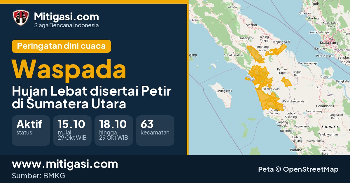 Peringatan dini cuaca BMKG tingkat Waspada di Sumatera Utara. (Mitigasi.com/data BMKG)