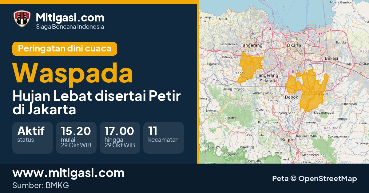 Peringatan dini cuaca BMKG tingkat Waspada di DKI Jakarta. (Mitigasi.com/data BMKG)