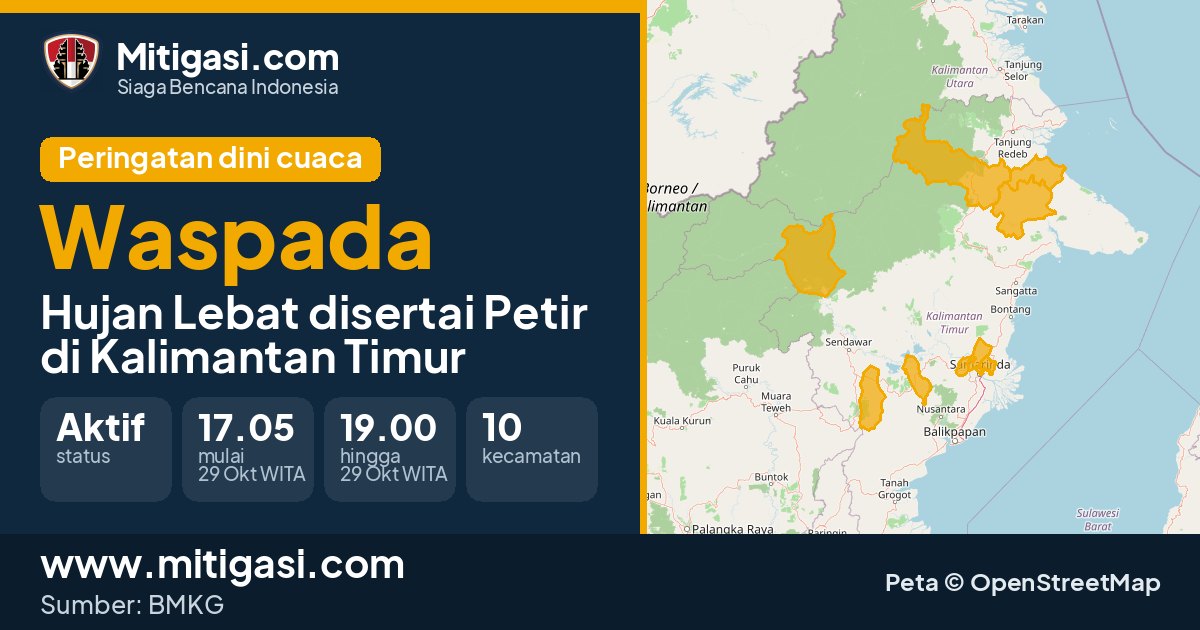 Peringatan dini cuaca BMKG tingkat Waspada di Kalimantan Timur. (Mitigasi.com/data BMKG)