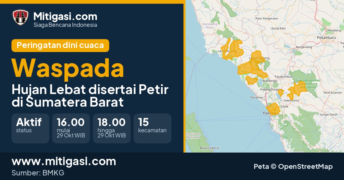 Peringatan dini cuaca BMKG tingkat Waspada di Sumatera Barat. (Mitigasi.com/data BMKG)