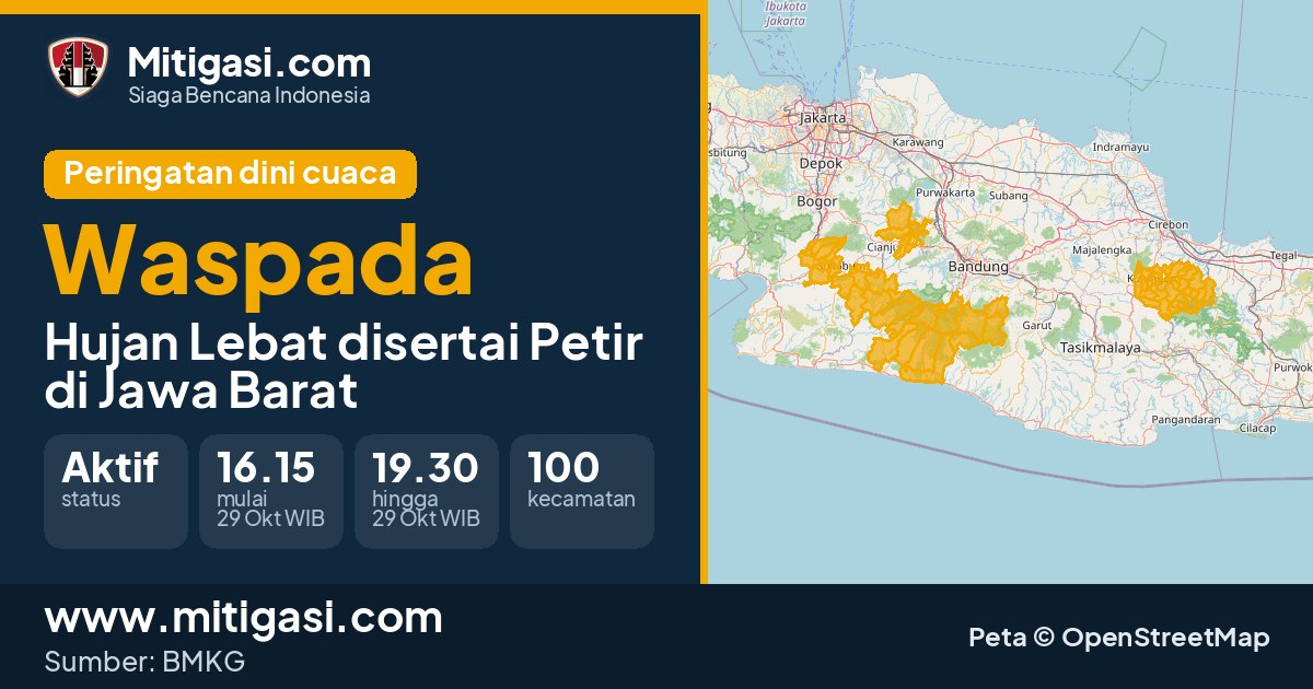 Peringatan dini cuaca BMKG tingkat Waspada di Jawa Barat. (Mitigasi.com/data BMKG)