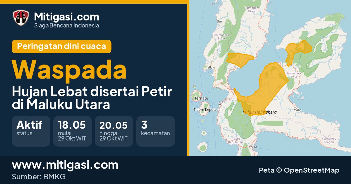 Peringatan dini cuaca BMKG tingkat Waspada di Maluku Utara. (Mitigasi.com/data BMKG)