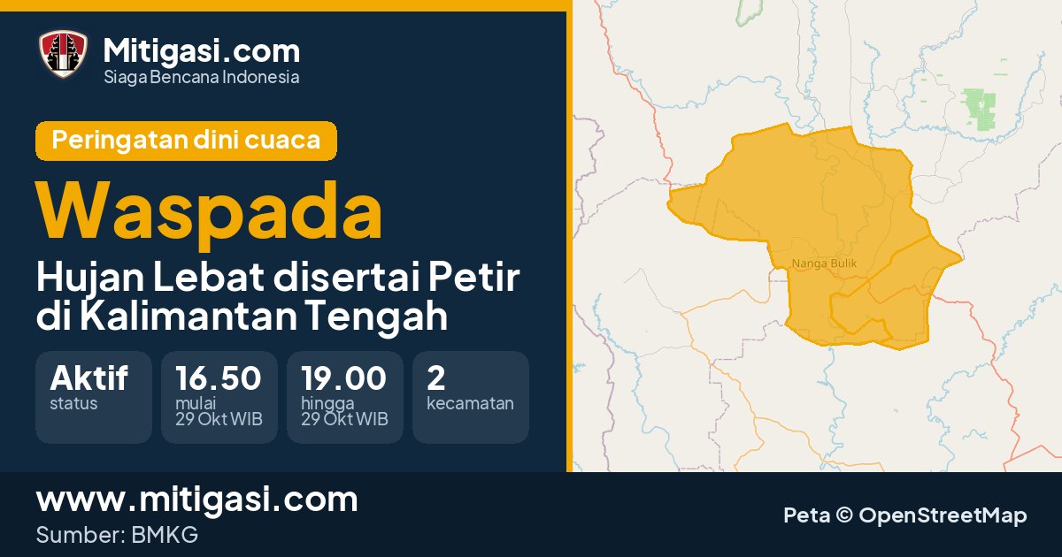 Peringatan dini cuaca BMKG tingkat Waspada di Kalimantan Tengah. (Mitigasi.com/data BMKG)