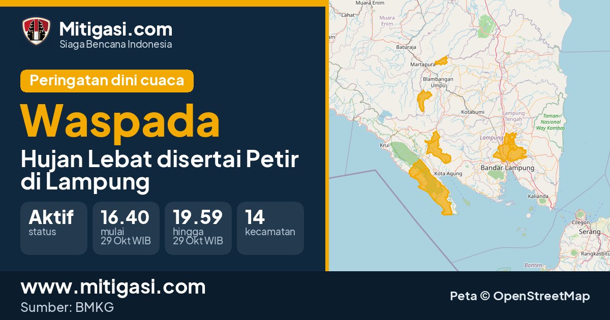 Peringatan dini cuaca BMKG tingkat Waspada di Lampung. (Mitigasi.com/data BMKG)