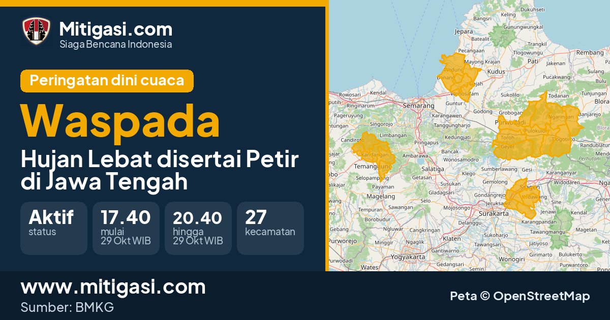 Peringatan dini cuaca BMKG tingkat Waspada di Jawa Tengah. (Mitigasi.com/data BMKG)