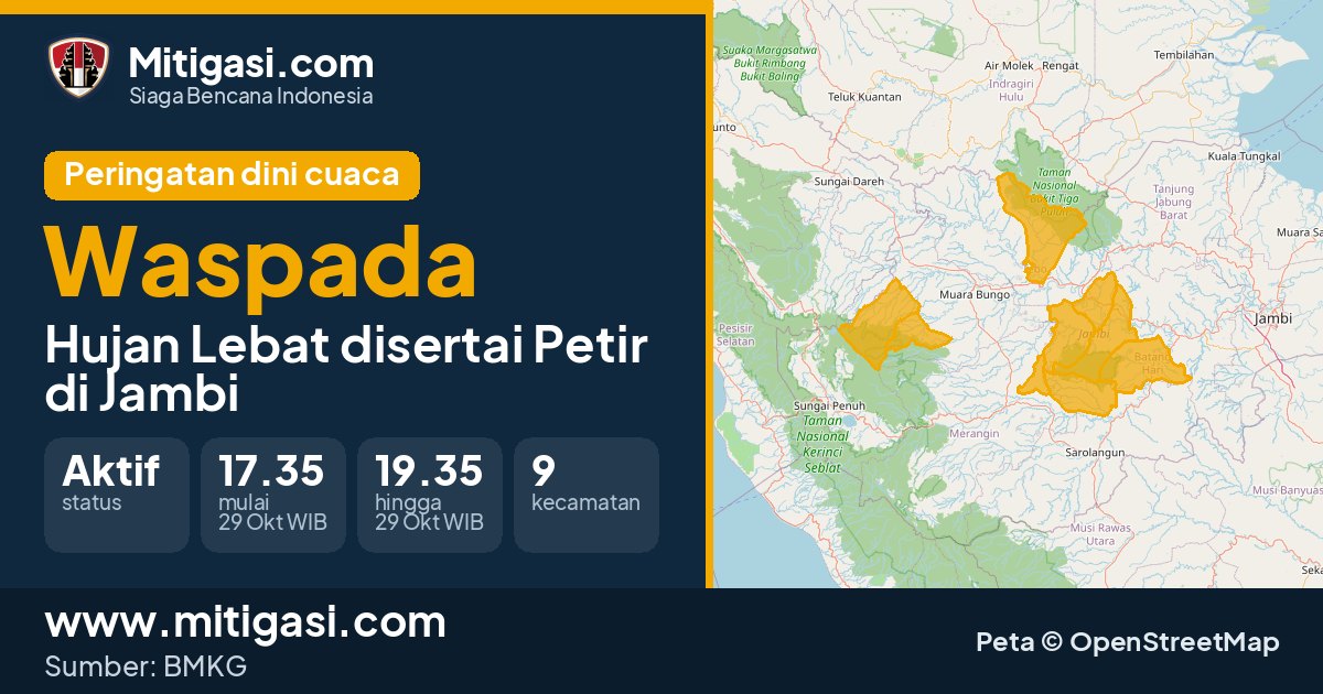 Peringatan dini cuaca BMKG tingkat Waspada di Jambi. (Mitigasi.com/data BMKG)