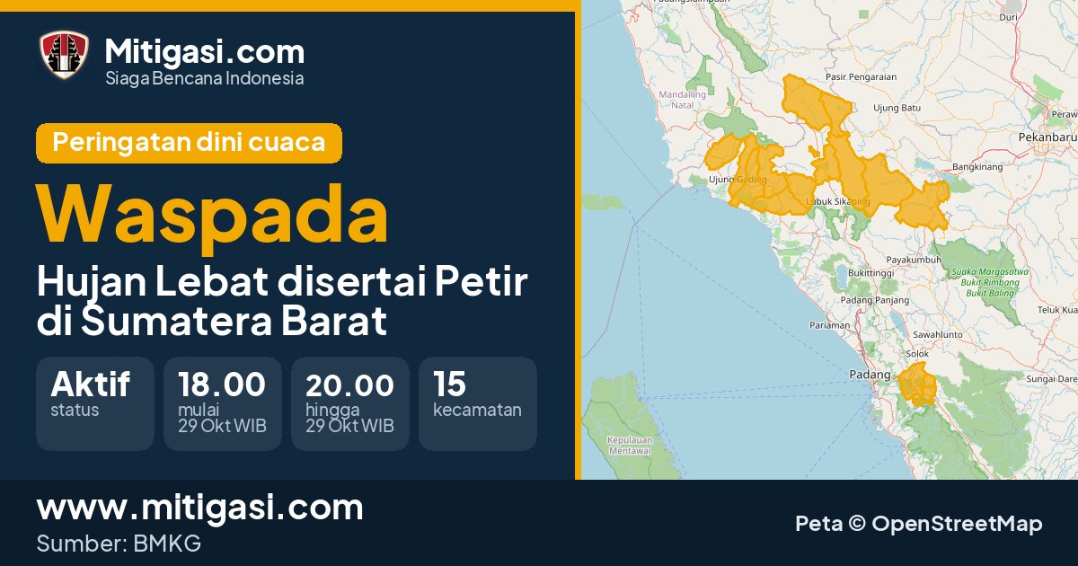 Peringatan dini cuaca BMKG tingkat Waspada di Sumatera Barat. (Mitigasi.com/data BMKG)