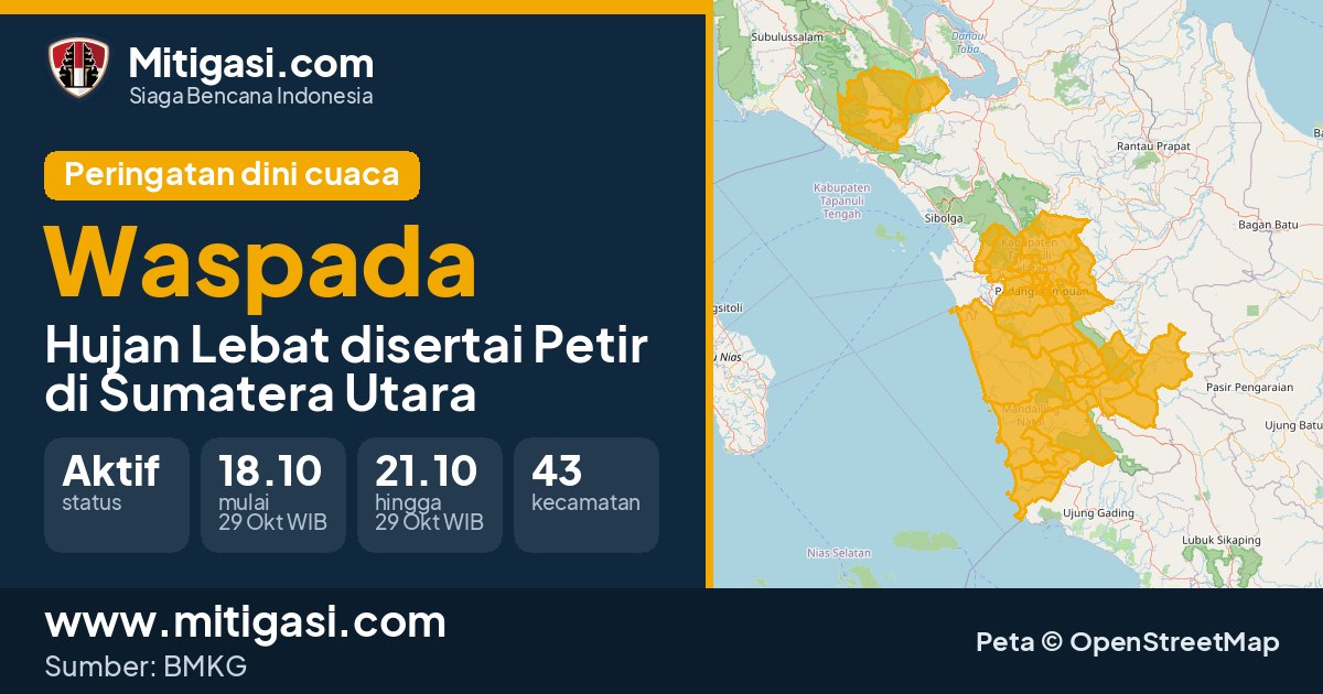 Peringatan dini cuaca BMKG tingkat Waspada di Sumatera Utara. (Mitigasi.com/data BMKG)