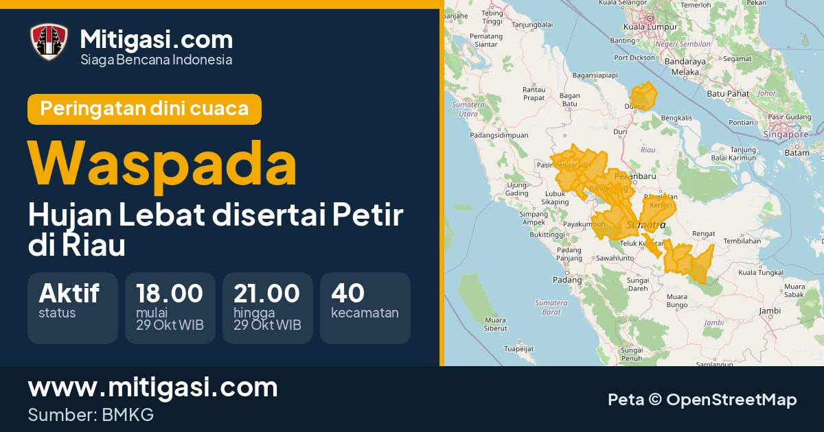 Peringatan dini cuaca BMKG tingkat Waspada di Riau. (Mitigasi.com/data BMKG)