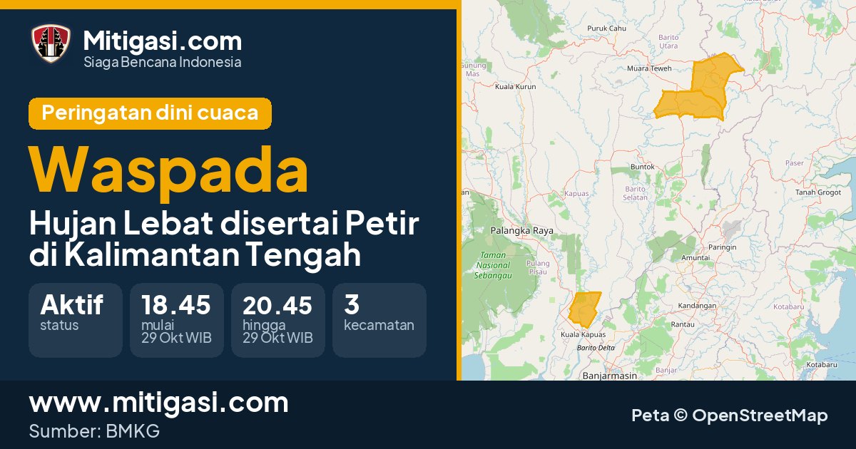 Peringatan dini cuaca BMKG tingkat Waspada di Kalimantan Tengah. (Mitigasi.com/data BMKG)