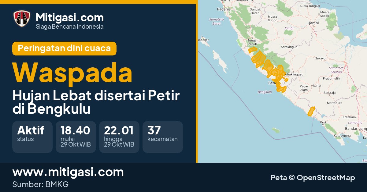 Peringatan dini cuaca BMKG tingkat Waspada di Bengkulu. (Mitigasi.com/data BMKG)