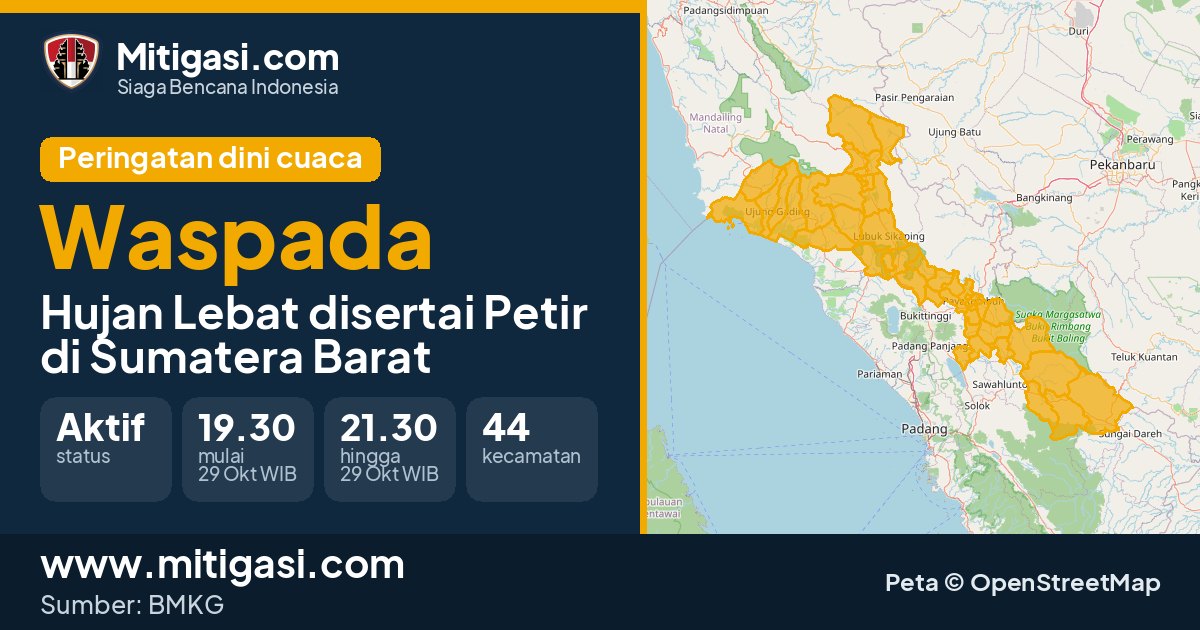 Peringatan dini cuaca BMKG tingkat Waspada di Sumatera Barat. (Mitigasi.com/data BMKG)