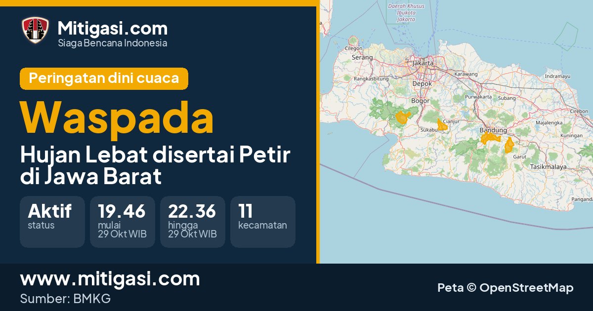 Peringatan dini cuaca BMKG tingkat Waspada di Jawa Barat. (Mitigasi.com/data BMKG)