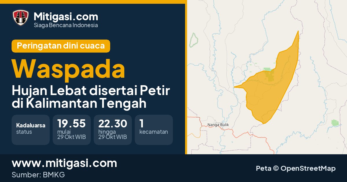 Peringatan dini cuaca BMKG tingkat Waspada di Kalimantan Tengah. (Mitigasi.com/data BMKG)
