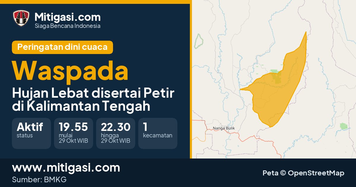 Peringatan dini cuaca BMKG tingkat Waspada di Kalimantan Tengah. (Mitigasi.com/data BMKG)