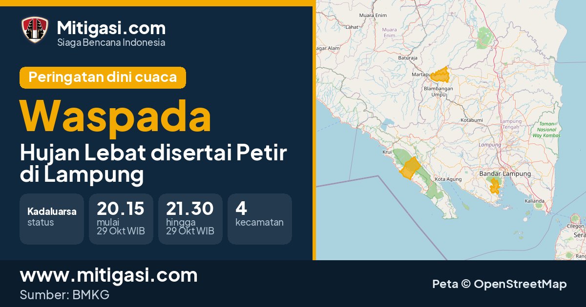 Peringatan dini cuaca BMKG tingkat Waspada di Lampung. (Mitigasi.com/data BMKG)