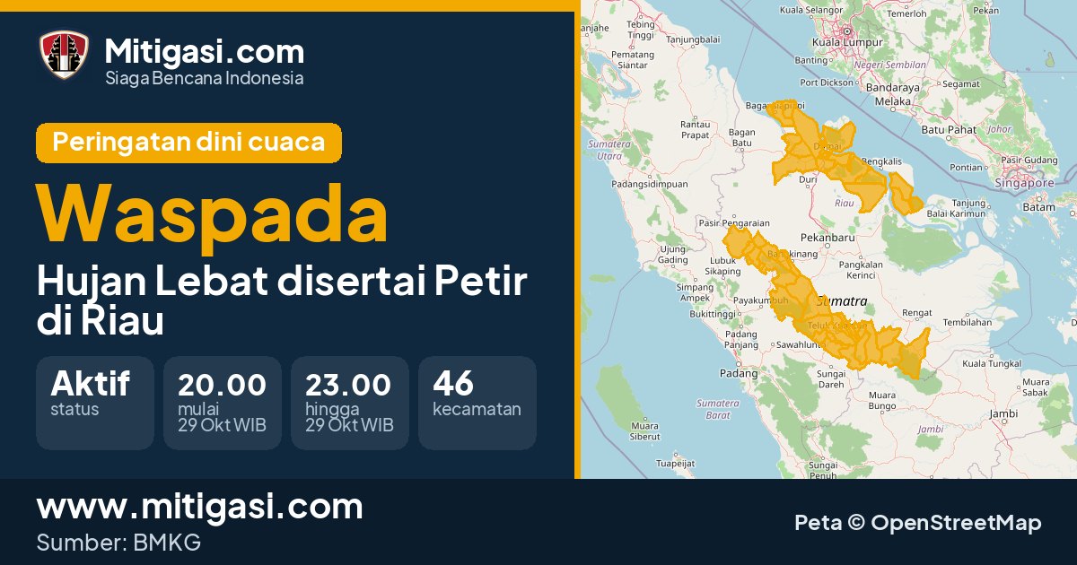 Peringatan dini cuaca BMKG tingkat Waspada di Riau. (Mitigasi.com/data BMKG)