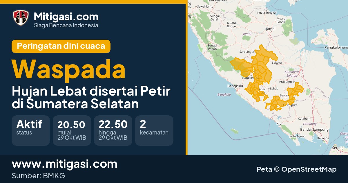 Peringatan dini cuaca BMKG tingkat Waspada di Sumatera Selatan. (Mitigasi.com/data BMKG)