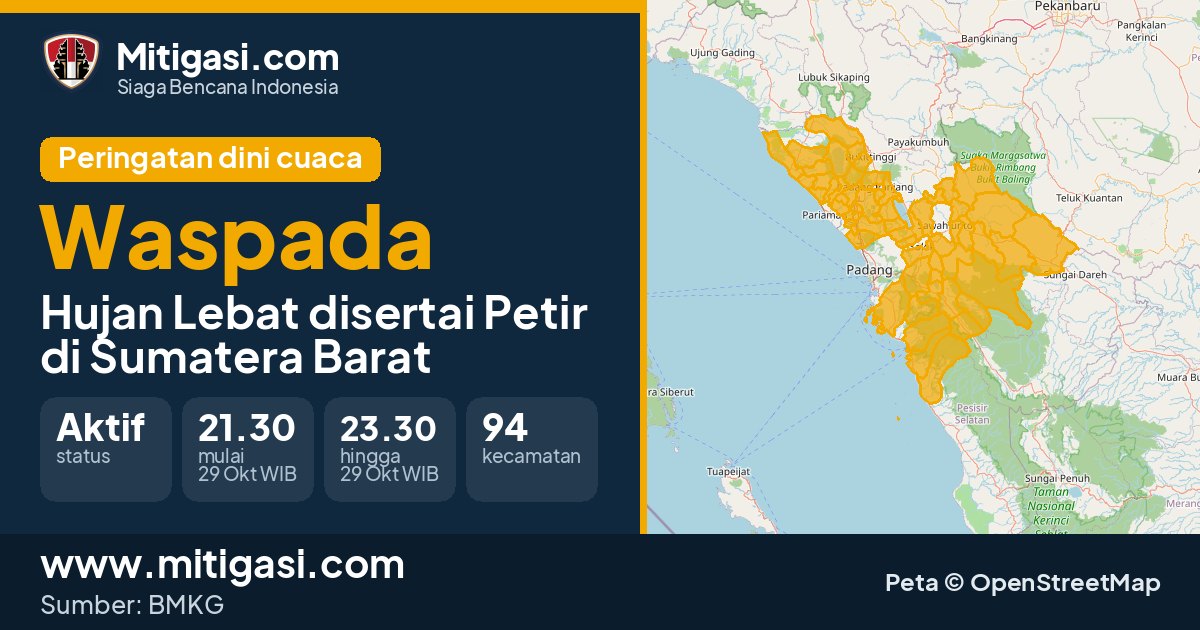 Peringatan dini cuaca BMKG tingkat Waspada di Sumatera Barat. (Mitigasi.com/data BMKG)