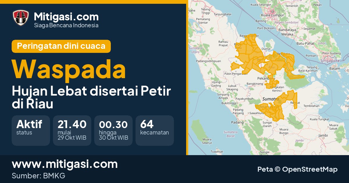 Peringatan dini cuaca BMKG tingkat Waspada di Riau. (Mitigasi.com/data BMKG)