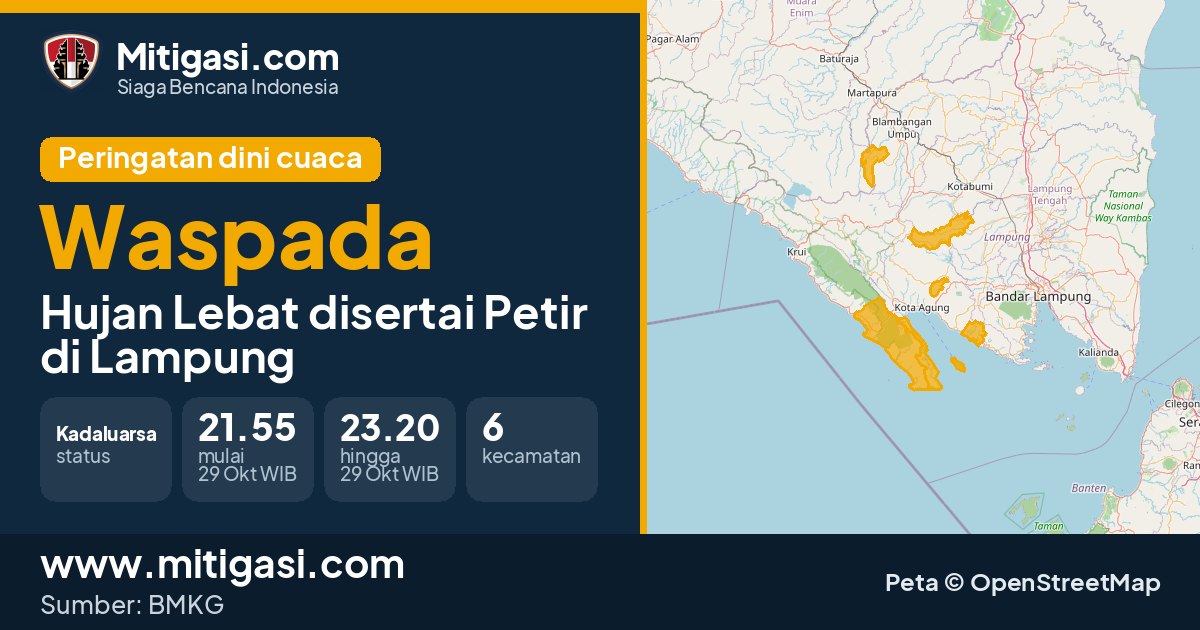 Peringatan dini cuaca BMKG tingkat Waspada di Lampung. (Mitigasi.com/data BMKG)