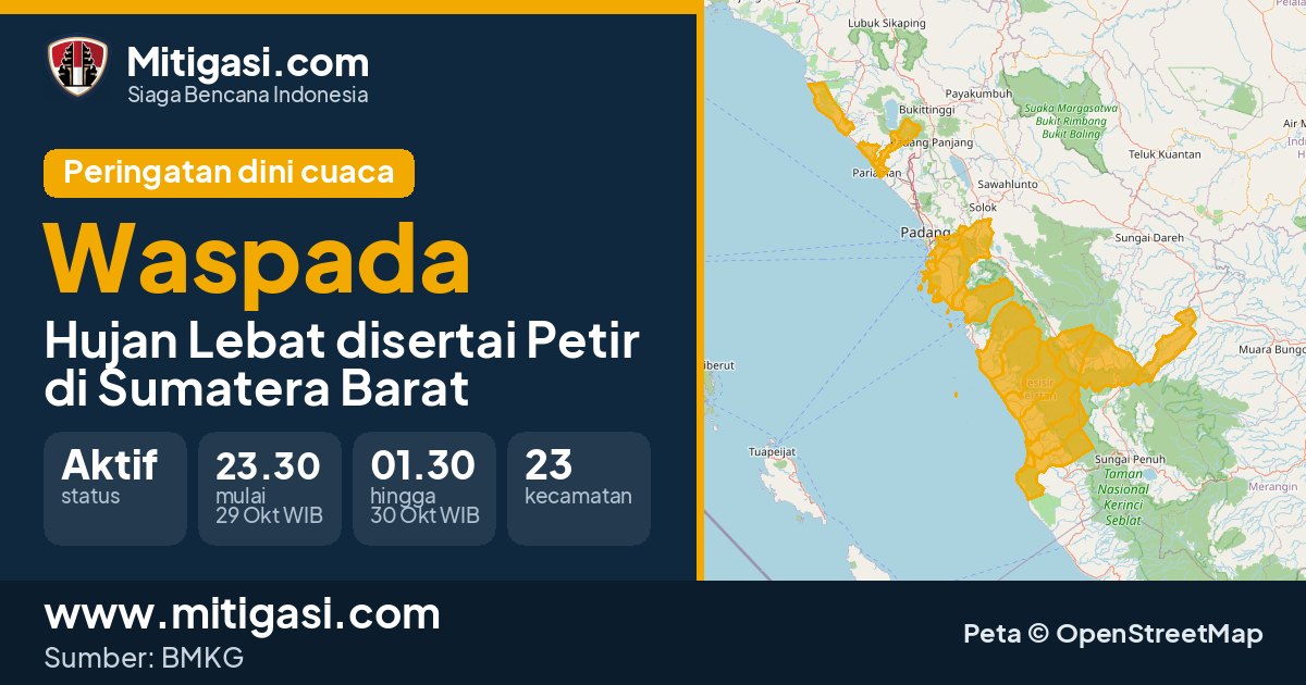 Peringatan dini cuaca BMKG tingkat Waspada di Sumatera Barat. (Mitigasi.com/data BMKG)