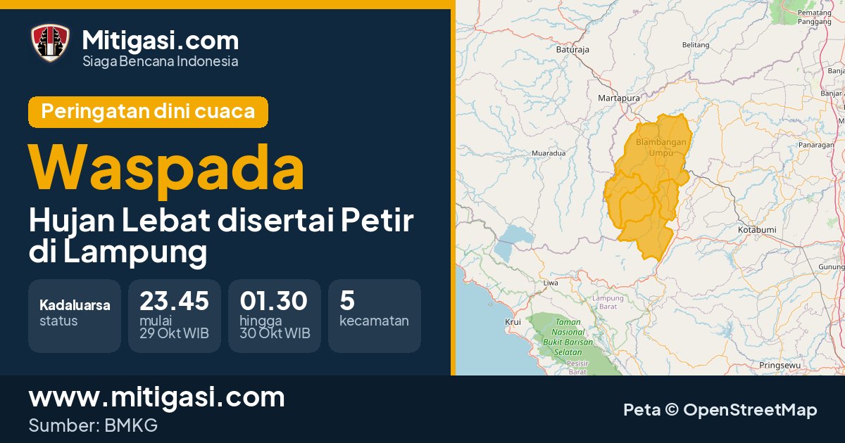 Peringatan dini cuaca BMKG tingkat Waspada di Lampung. (Mitigasi.com/data BMKG)