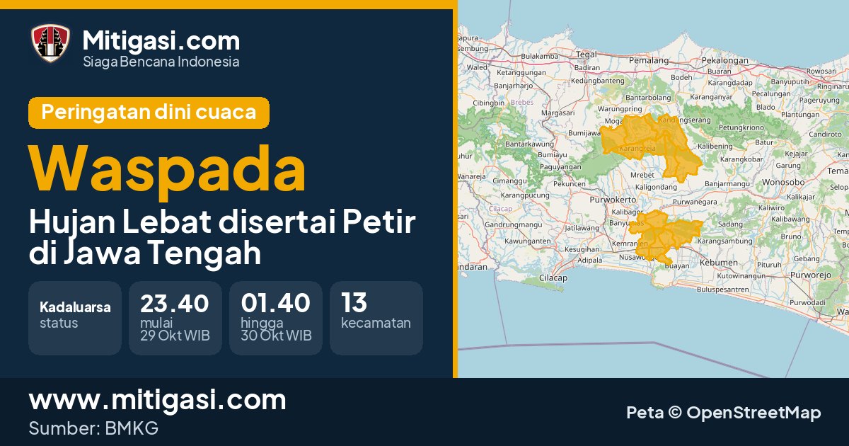 Peringatan dini cuaca BMKG tingkat Waspada di Jawa Tengah. (Mitigasi.com/data BMKG)